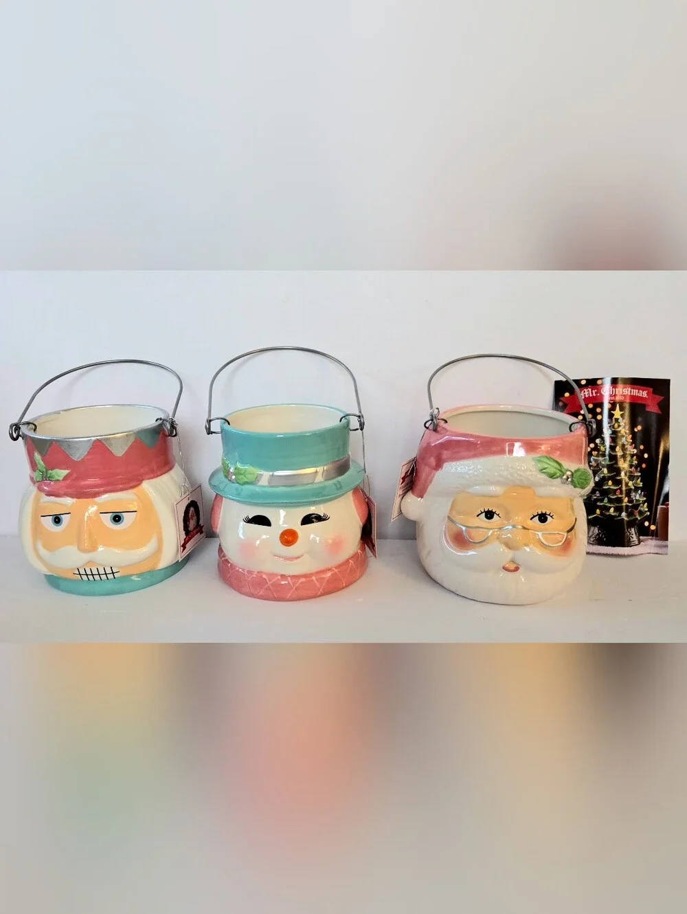 MR CHRISTMAS CERAMIC MINI HOLIDAY LANTERNS, SANTA, SNOWMAN, NUTCRACKER SET  NIB